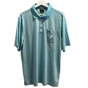 Greg Norman For Tasso Elba Mens Striped Polo Shirt Turquoise Blue Short Sleeve L